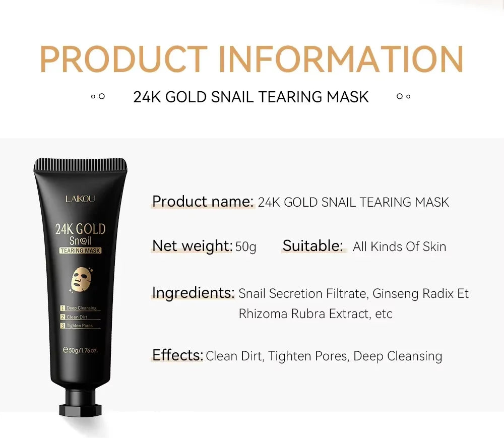 24K Gold Snail Tear off Mask, Deep Cleansing Pore Minimizing, Oil Control Blackhead Removal, Tightening Mask 50G